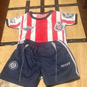 Kids Red & White Striped Soccer Top with Navy Athletic Shorts